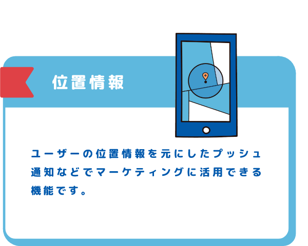 位置情報 ユーザーの位置情報を元にしたプッシュ通知などでマーケティングに活用できる機能です。