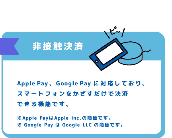 非接触決済 Apple Pay、Google Pay に対応しており、スマートフォンをかざすだけで決済できる機能です。